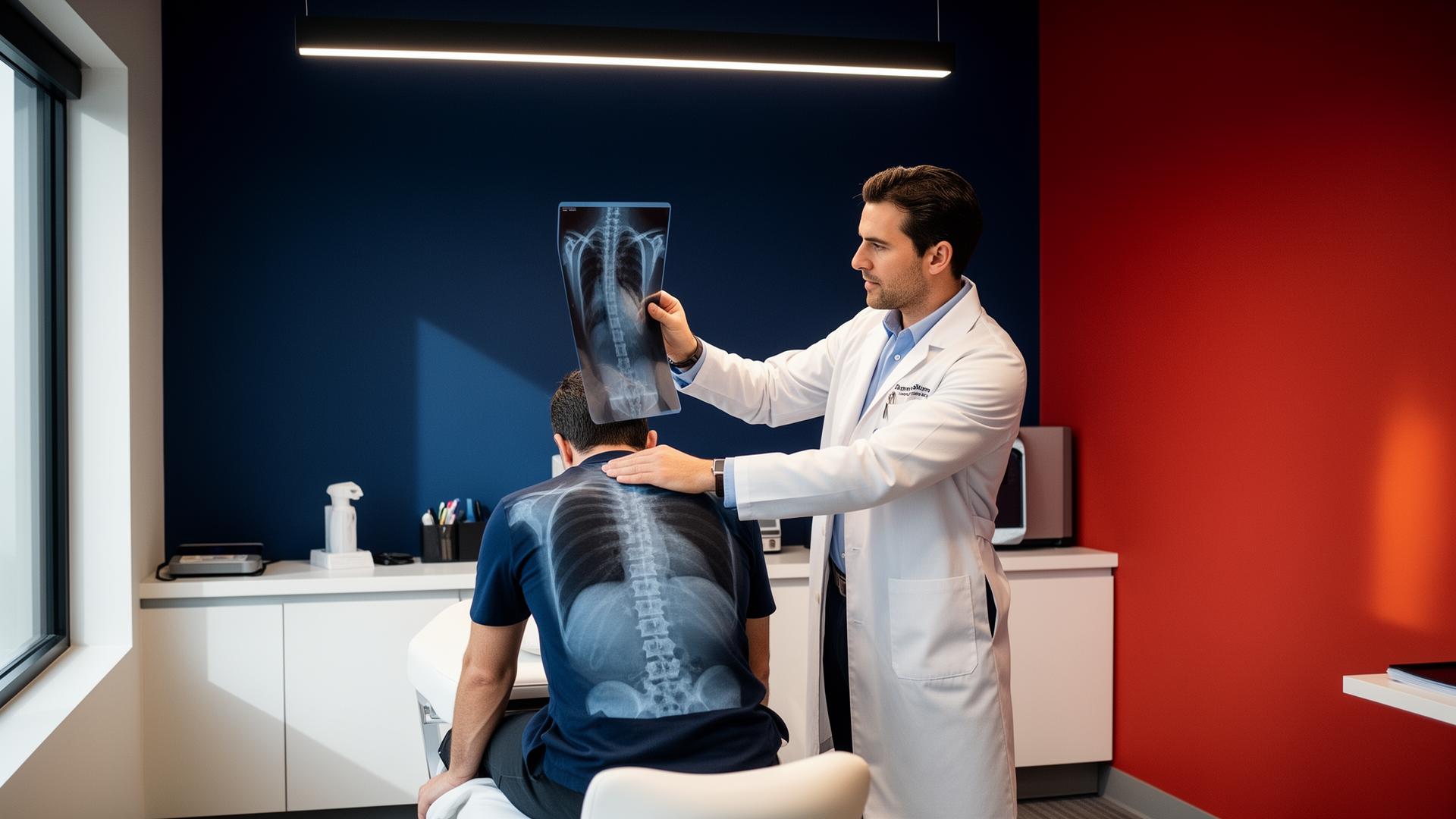 Chiropractor reviewing a spine X-ray with a patient at Spine Doctors Chicago in Berwyn, IL